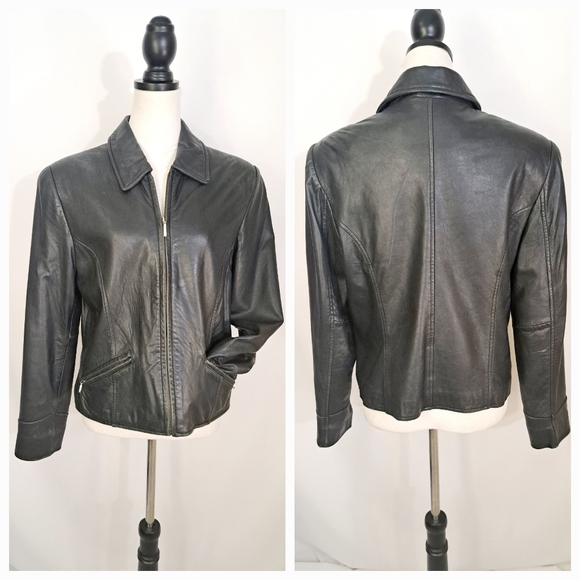 Lord and Taylor Womens Leather Jacket Black Moto Vintage Full Zip Pockets  10 - Picture 1 of 16